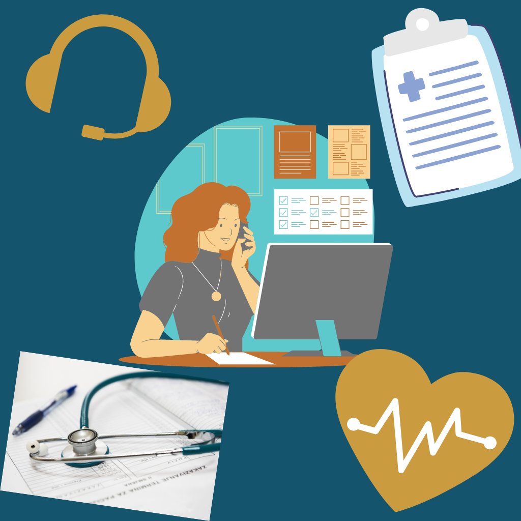 Image d'illustration comprenant une secrétaire médicale avec un ordinateur, un bloc notes, un casque de téléphone sans fil, un cœur avec tracé d'ECG, un stéthoscope 
